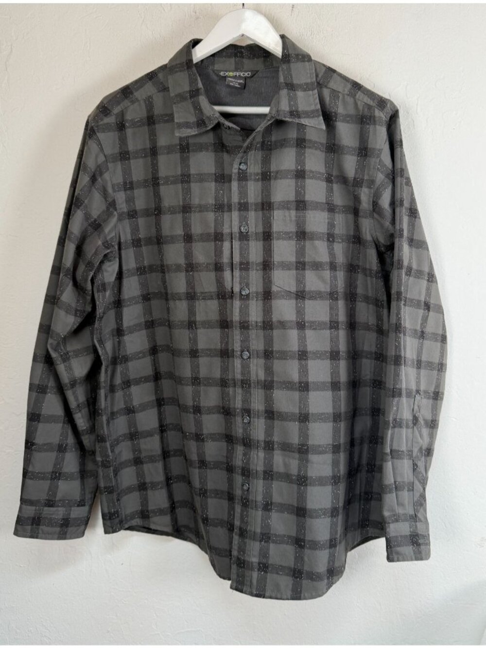ExOfficio Mens XL Plaid Long-Sleeve Button-Up Shirt Gray Casual Lightweight
